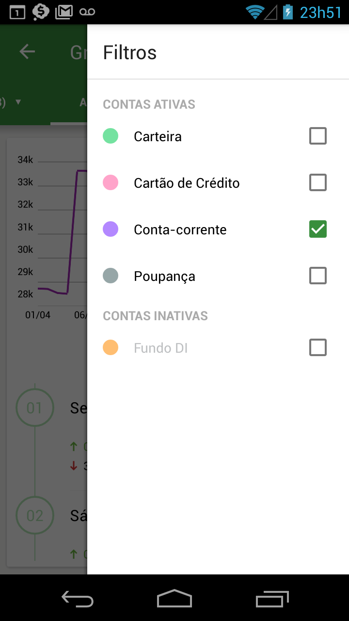 Projeção de saldo diário Android - filtro de conta
