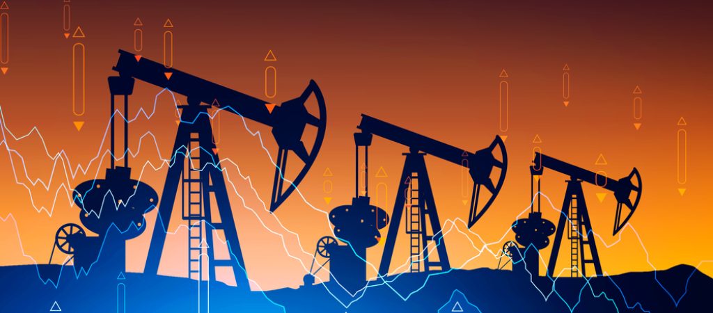 Three,Oil,Pumps,Over,Orange,Background,With,Double,Exposure,Of