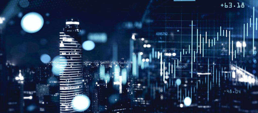 Double,Exposure,Of,Blurry,Financial,Graphs,Over,Night,Cityscape,Background.