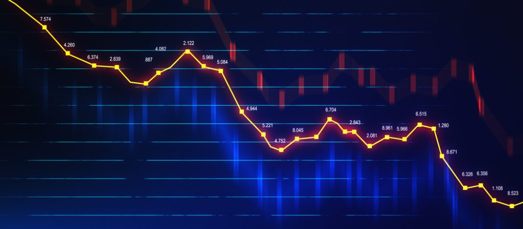 Candlestick,Chart,Of,Falling,Stock,Hologram,On,Screen.,Trade,And