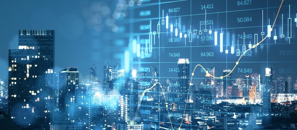 Abstract,Glowing,Big,Data,Forex,Candlestick,Chart,On,Blurry,City
